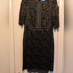 ANTONIO MELANI Gray Sheath Midi Dress with Lace and Crew Neck